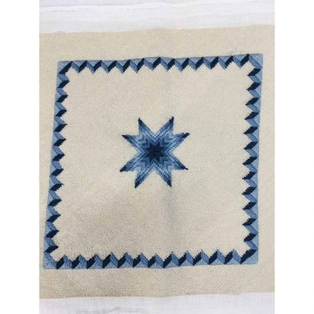 Handmade‎ Needlepoint Pillow Cover Blue Ivory Barn Star Grandmacore Cottagecore
